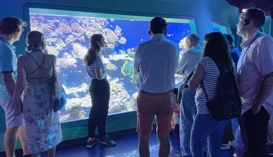 Group of visitors in front of an aquarium - see detailed description hereafter